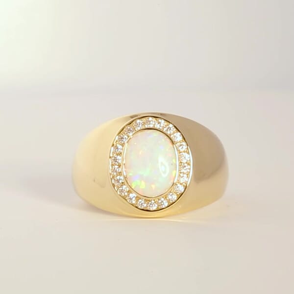 Gold Oval Natural Opal Gemstone Diamond Halo Signet Ring (Available in Yellow/Rose/White Gold)