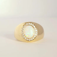 Gold Oval Natural Opal Gemstone Diamond Halo Signet Ring (Available in Yellow/Rose/White Gold)