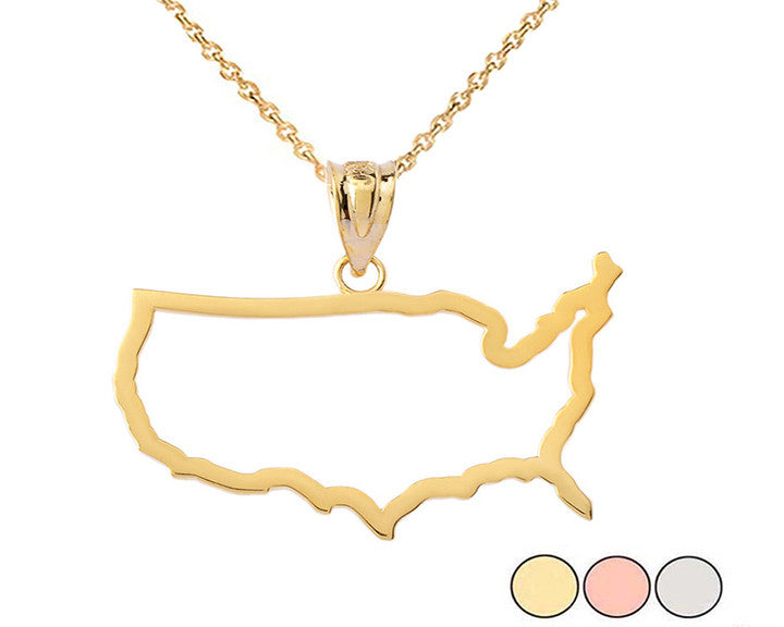 Gold United States of America Outline Pendant Necklace (Available in Yellow/Rose/White)