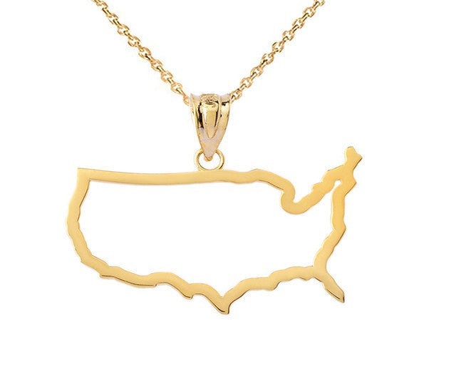 Gold United States of America Outline Pendant Necklace (Available in Yellow/Rose/White)