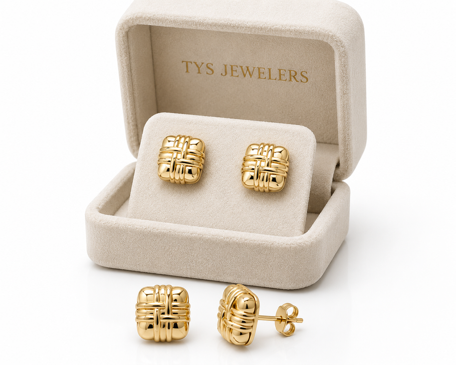10K Yellow Gold Puffy Textured Square Earrings