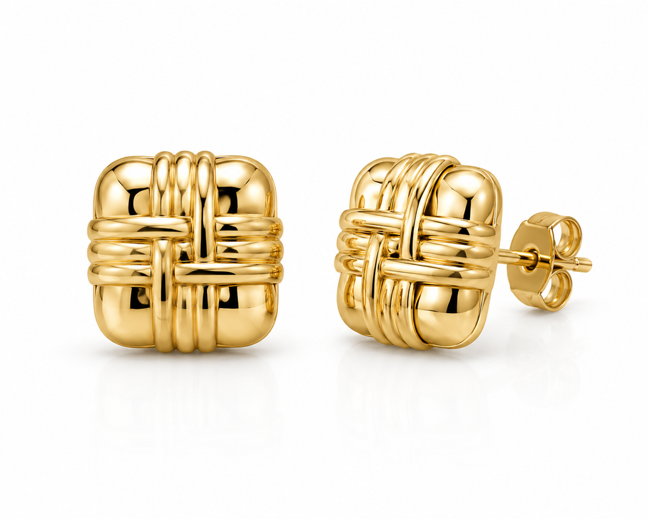 10K Yellow Gold Puffy Textured Square Earrings