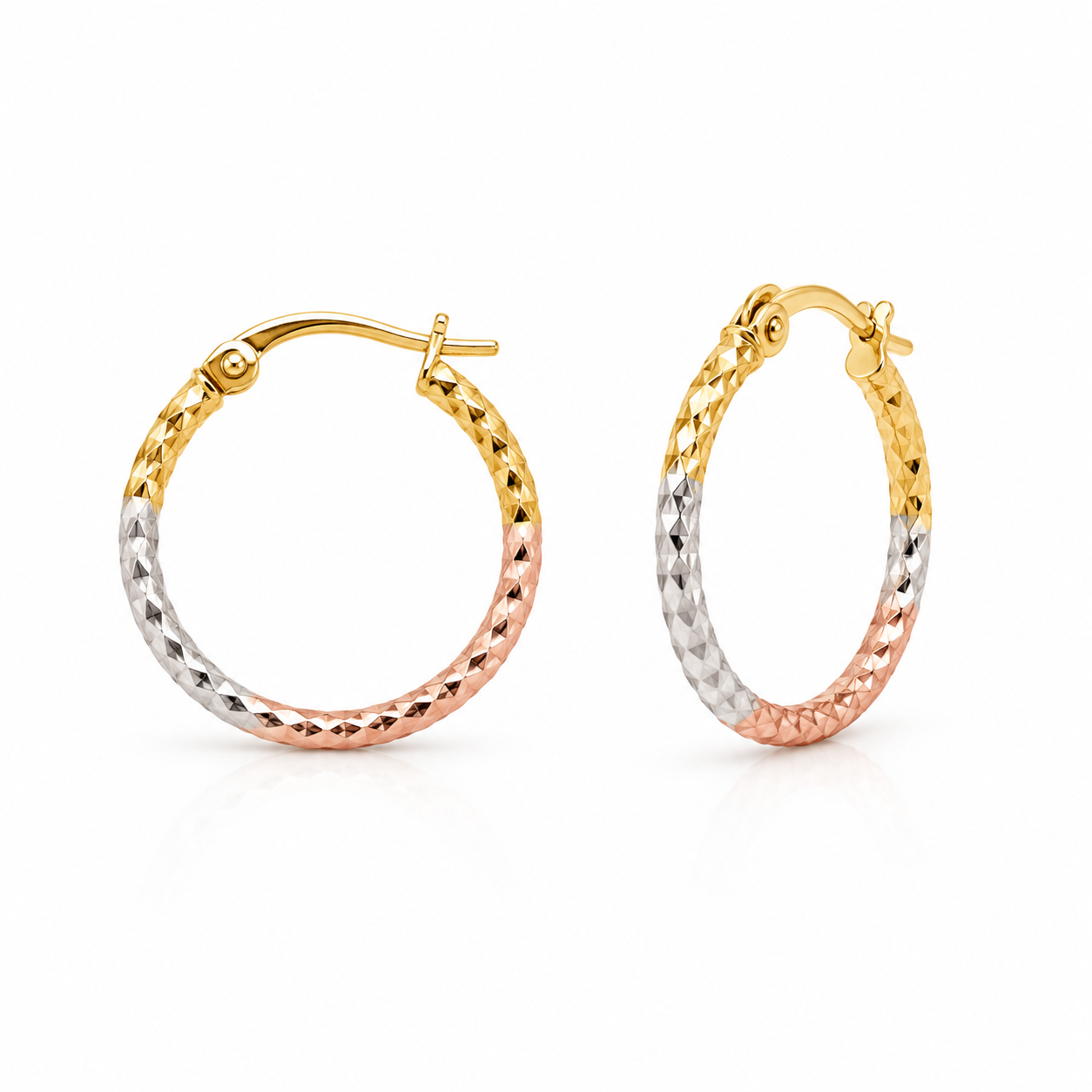 10K Yellow Tri Color Gold Diamond Cut Round Hoops Earrings