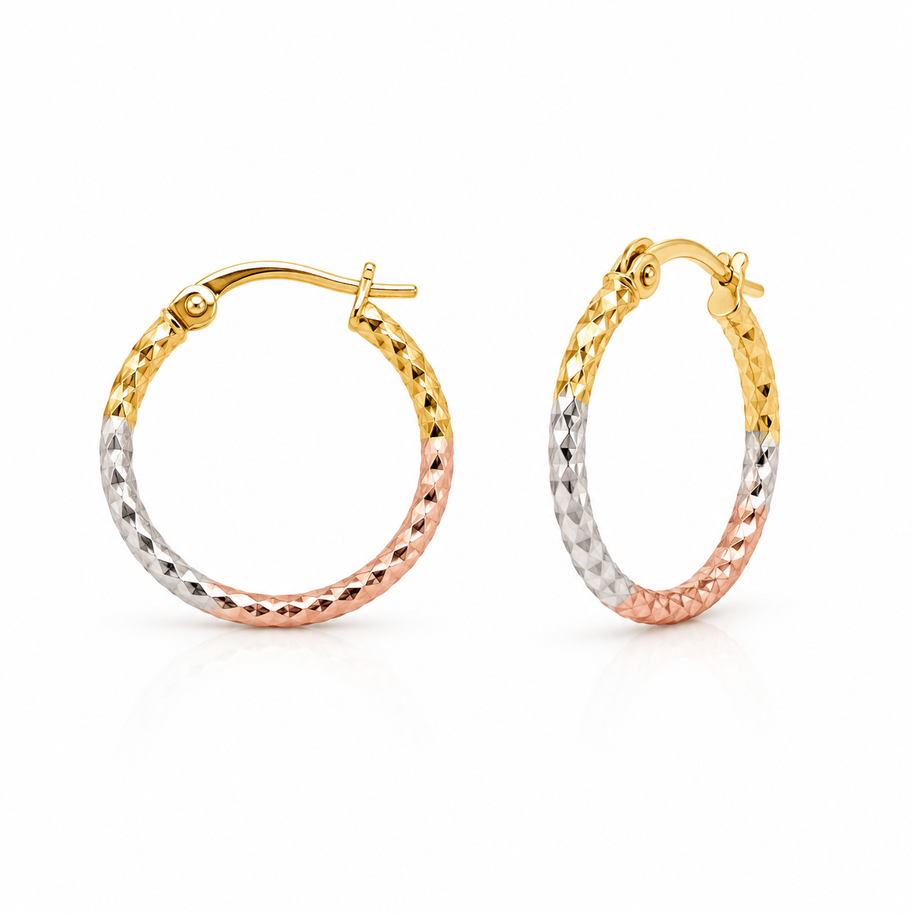 10K Yellow Tri Color Gold Diamond Cut Round Hoops Earrings