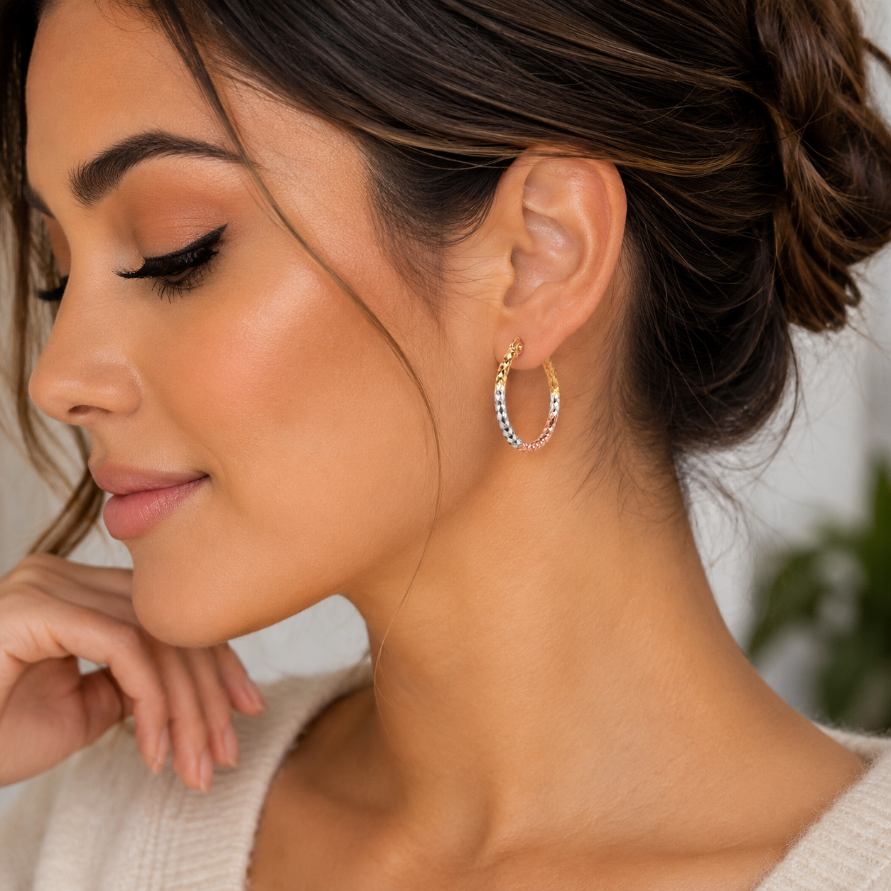 10K Yellow Tri Color Gold Diamond Cut Round Hoops Earrings