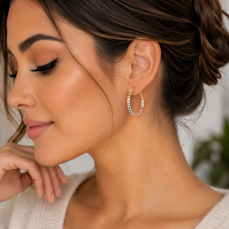 10K Yellow Tri Color Gold Diamond Cut Round Hoops Earrings