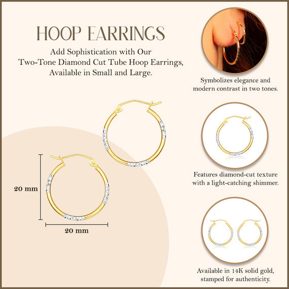 14K Two-Tone Gold Diamond Cut Tube Hoop Earrings (Available in Small/Large & Two-Tone/Yellow/White Gold))