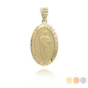 Solid Gold Engravable Diamond Saint Anthony Pray For Us Oval Pendant Necklace 1.20"(Available in Yellow/Rose/White Gold)