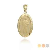 Solid Gold Engravable Diamond Saint Anthony Pray For Us Oval Pendant Necklace 1.20