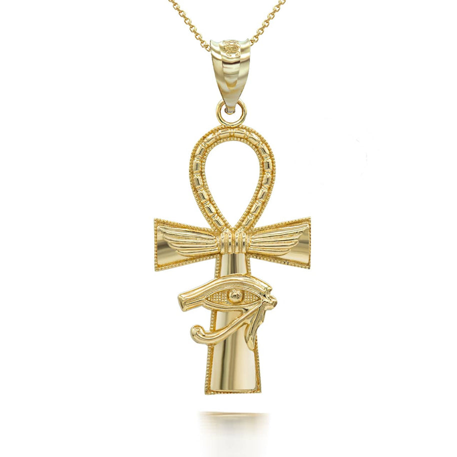 Gold Egyptian Winged Ankh Cross Eye of Horus Milgrain Pendant Necklace (Available in Yellow/Rose/White Gold)