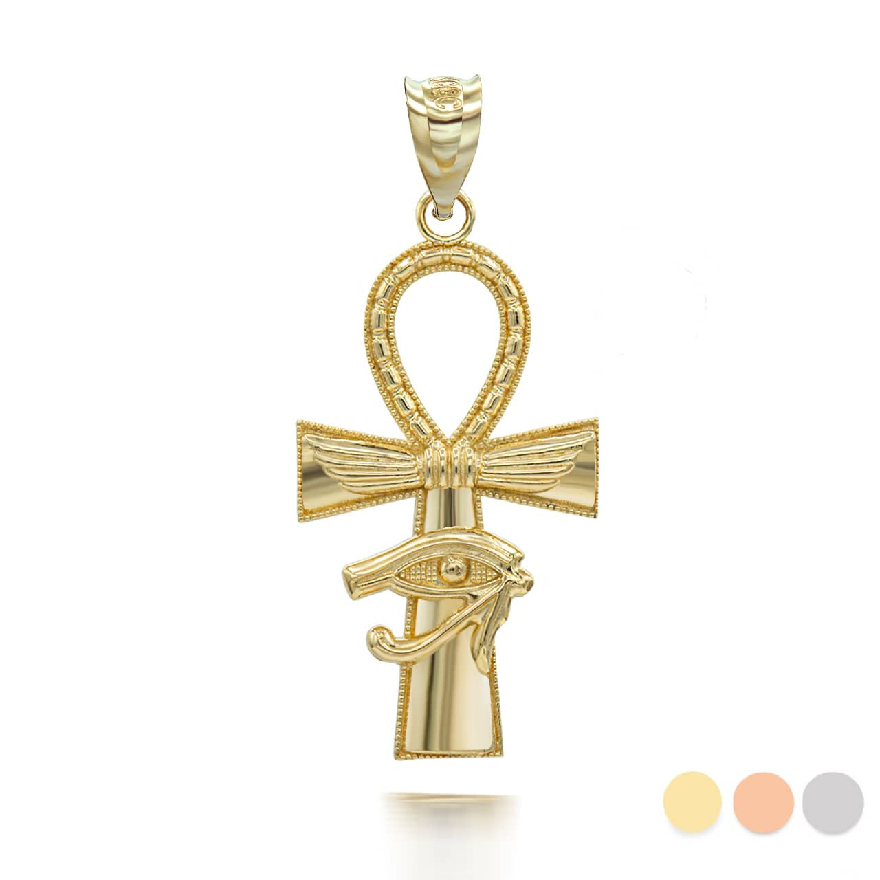 Gold Egyptian Winged Ankh Cross Eye of Horus Milgrain Pendant Necklace (Available in Yellow/Rose/White Gold)