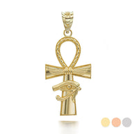 Gold Egyptian Winged Ankh Cross Eye of Horus Milgrain Pendant Necklace (Available in Yellow/Rose/White Gold)