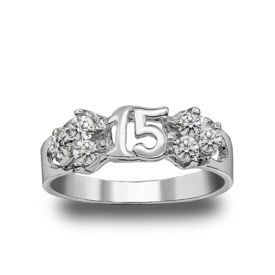 Gold Cubic Zirconia 15 Años Quinceañera Textured Band Ring (Available in Yellow/Rose/White Gold)