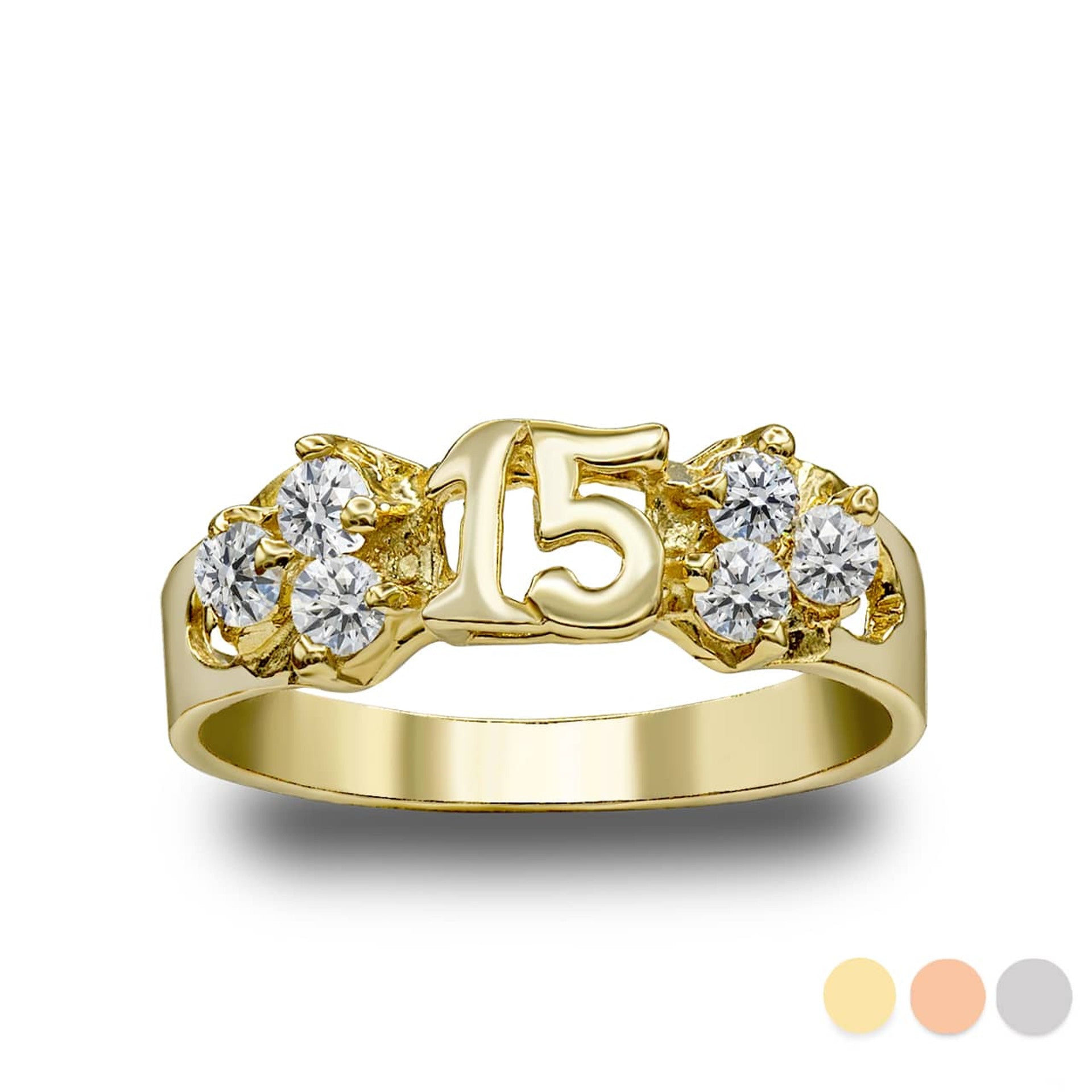 Gold Cubic Zirconia 15 Años Quinceañera Textured Band Ring (Available in Yellow/Rose/White Gold)