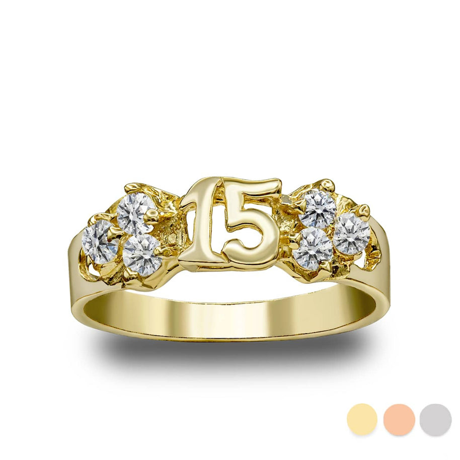 Gold Cubic Zirconia 15 Años Quinceañera Textured Band Ring (Available in Yellow/Rose/White Gold)