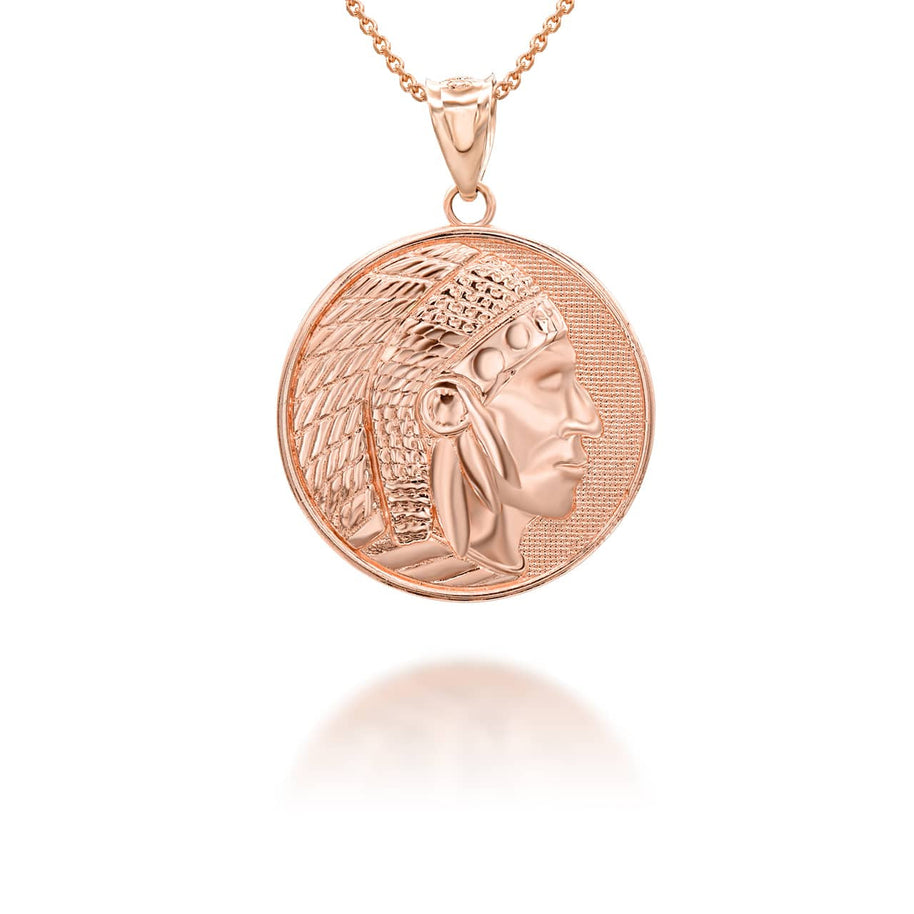Gold Native American Apache Chief Head Coin Medallion Pendant Necklace (Available in Yellow/Rose/White Gold)