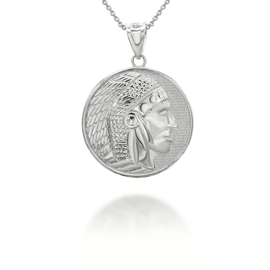 Gold Native American Apache Chief Head Coin Medallion Pendant Necklace (Available in Yellow/Rose/White Gold)