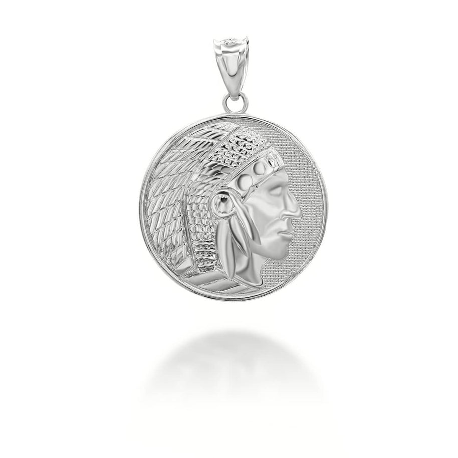 Gold Native American Apache Chief Head Coin Medallion Pendant Necklace (Available in Yellow/Rose/White Gold)