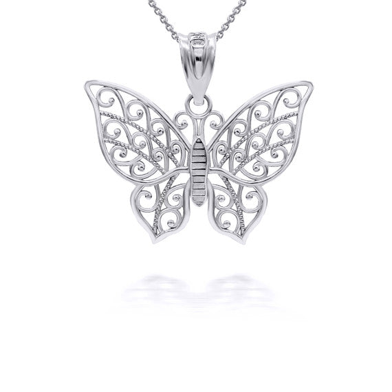 .925 Sterling Silver Filigree Butterfly Pendant Necklace