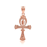 Gold 3D Egyptian Ankh Cross Eagle Eye of Horus Wadjet Pendant Necklace (Available in Yellow/Rose/White Gold)
