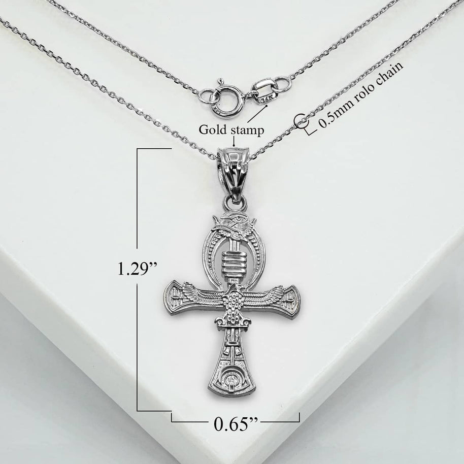 .925 Sterling Silver 3D Egyptian Ankh Cross Eagle Eye of Horus Wadjet Pendant Necklace