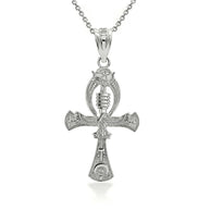 .925 Sterling Silver 3D Egyptian Ankh Cross Eagle Eye of Horus Wadjet Pendant Necklace