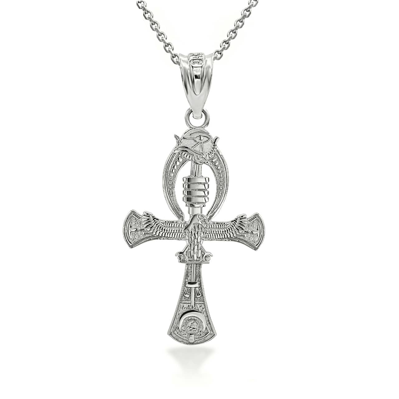 Gold 3D Egyptian Ankh Cross Eagle Eye of Horus Wadjet Pendant Necklace (Available in Yellow/Rose/White Gold)