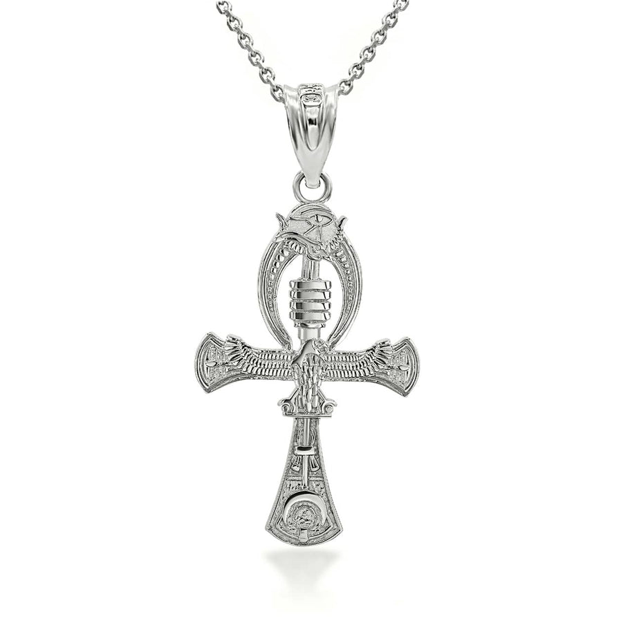 Gold 3D Egyptian Ankh Cross Eagle Eye of Horus Wadjet Pendant Necklace (Available in Yellow/Rose/White Gold)