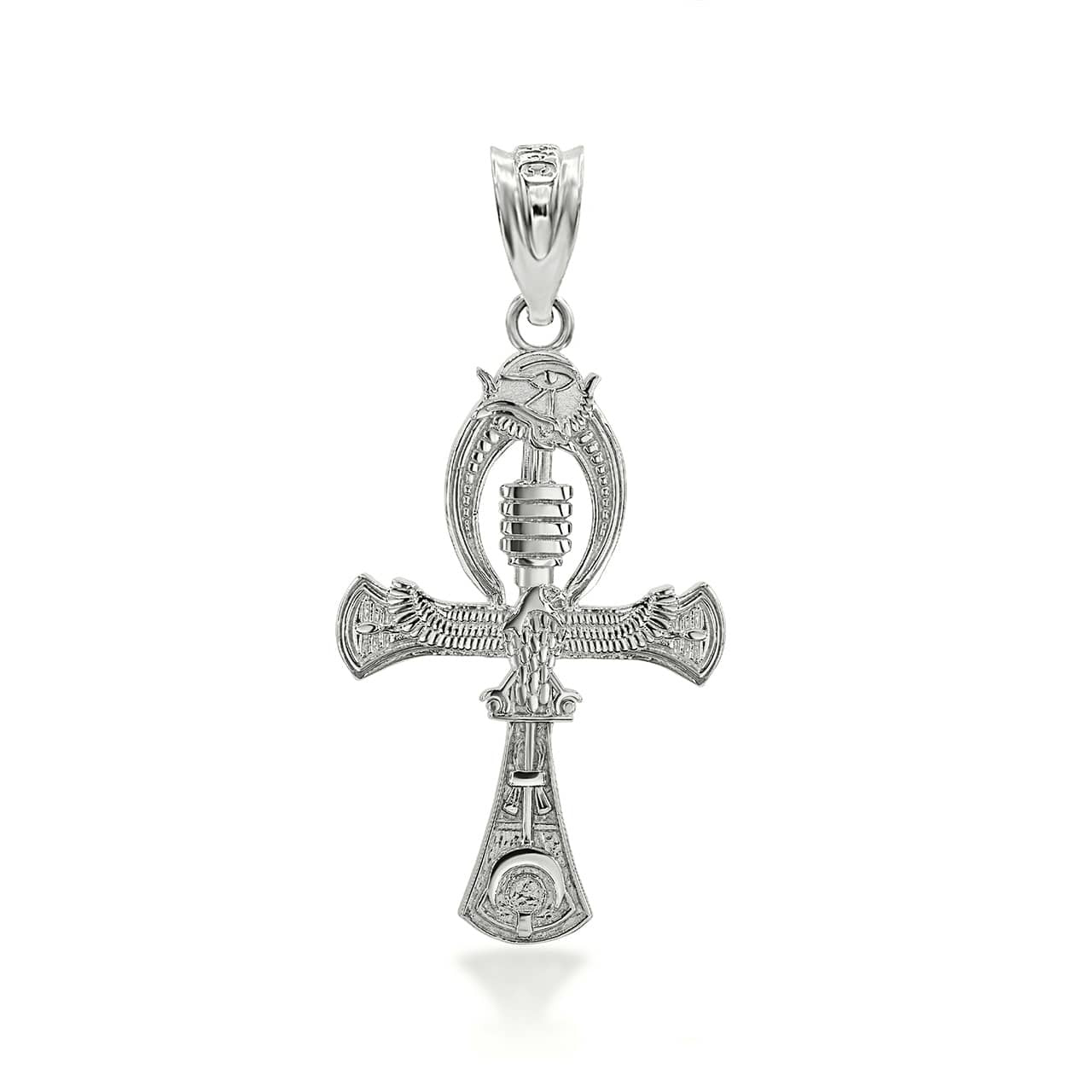 .925 Sterling Silver 3D Egyptian Ankh Cross Eagle Eye of Horus Wadjet Pendant Necklace