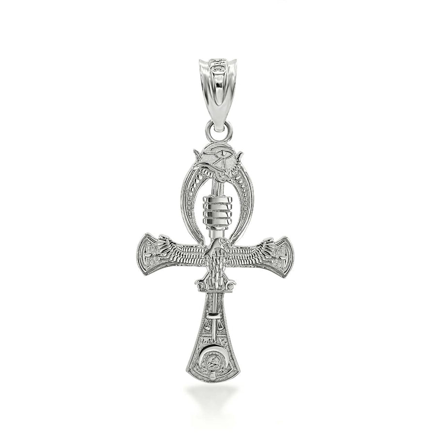 .925 Sterling Silver 3D Egyptian Ankh Cross Eagle Eye of Horus Wadjet Pendant Necklace