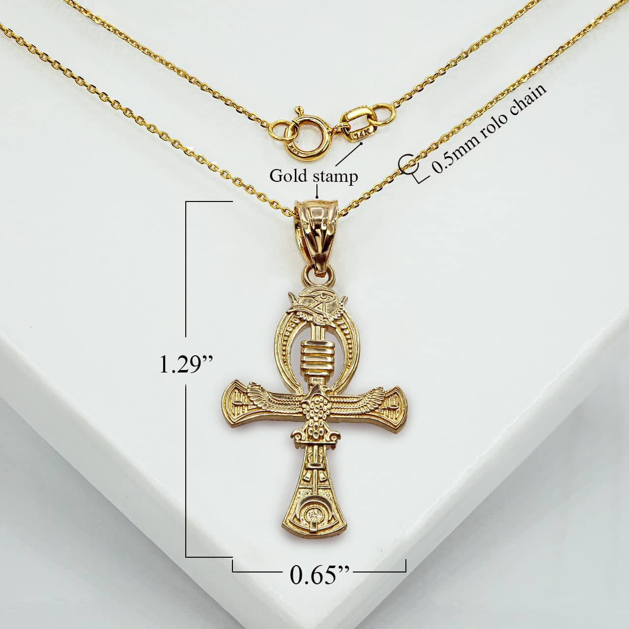 Gold 3D Egyptian Ankh Cross Eagle Eye of Horus Wadjet Pendant Necklace (Available in Yellow/Rose/White Gold)