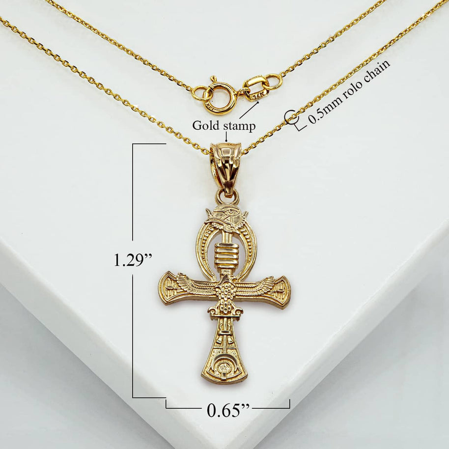 Gold 3D Egyptian Ankh Cross Eagle Eye of Horus Wadjet Pendant Necklace (Available in Yellow/Rose/White Gold)