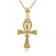 Gold 3D Egyptian Ankh Cross Eagle Eye of Horus Wadjet Pendant Necklace (Available in Yellow/Rose/White Gold)