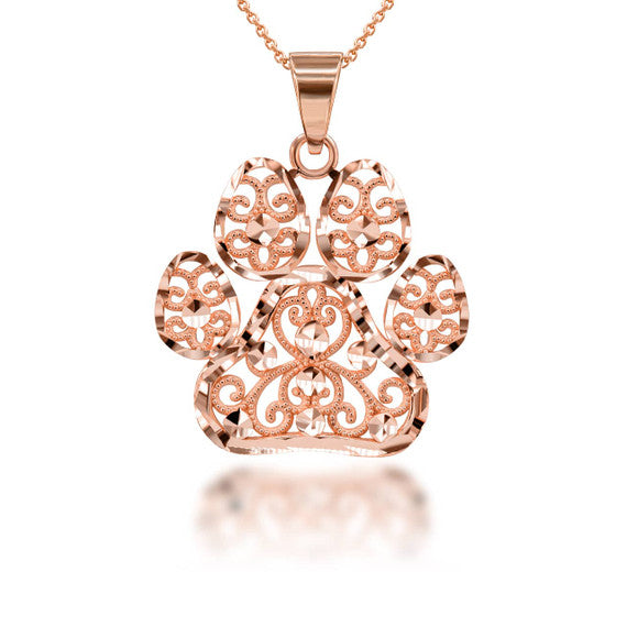 Gold Diamond Cut Filigree Pet Dog Paw Print Pendant Necklace (Available in Yellow/Rose/White Gold)