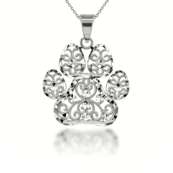 .925 Sterling Silver Diamond Cut Filigree Pet Dog Paw Print Pendant Necklace