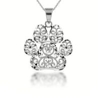 .925 Sterling Silver Diamond Cut Filigree Pet Dog Paw Print Pendant Necklace