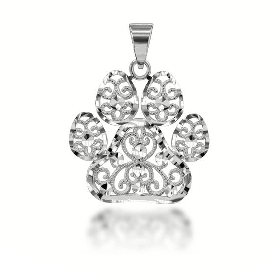 .925 Sterling Silver Diamond Cut Filigree Pet Dog Paw Print Pendant Necklace