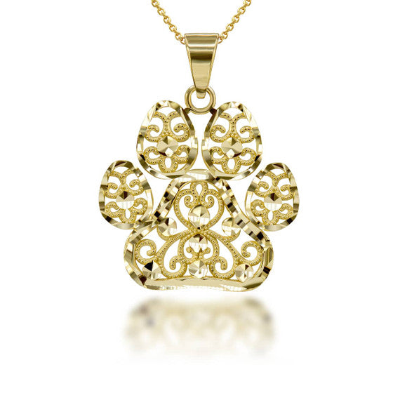Gold Diamond Cut Filigree Pet Dog Paw Print Pendant Necklace (Available in Yellow/Rose/White Gold)