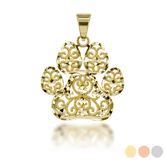 Gold Diamond Cut Filigree Pet Dog Paw Print Pendant Necklace (Available in Yellow/Rose/White Gold)