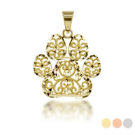Gold Diamond Cut Filigree Pet Dog Paw Print Pendant Necklace (Available in Yellow/Rose/White Gold)