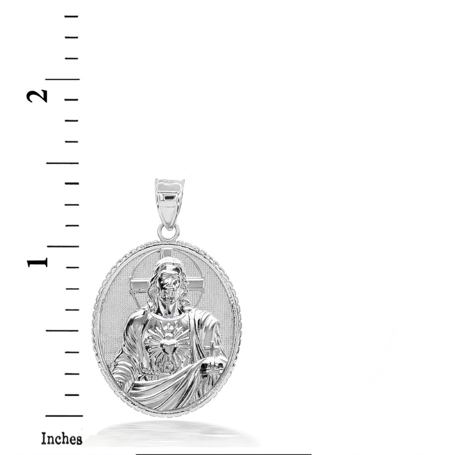 925 Sterling Silver 3D Jesus Christ Sacred Heart Oval Pendant Necklace