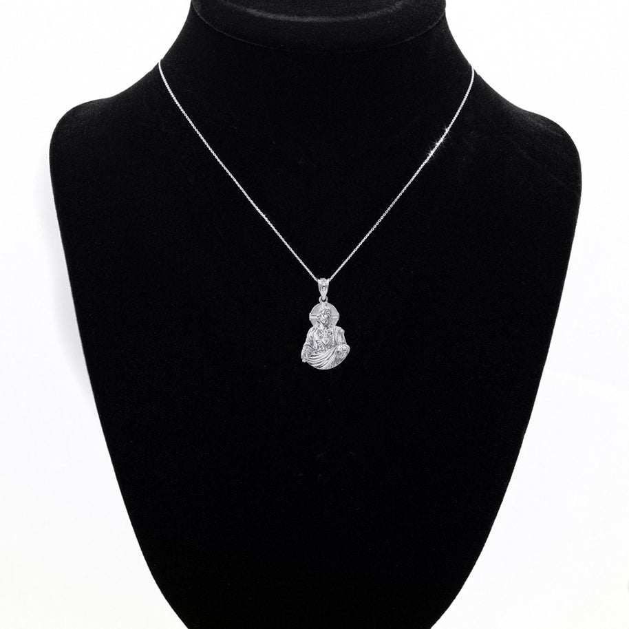 925 Sterling Silver 3D Jesus Christ Sacred Heart Big Pendant Necklace