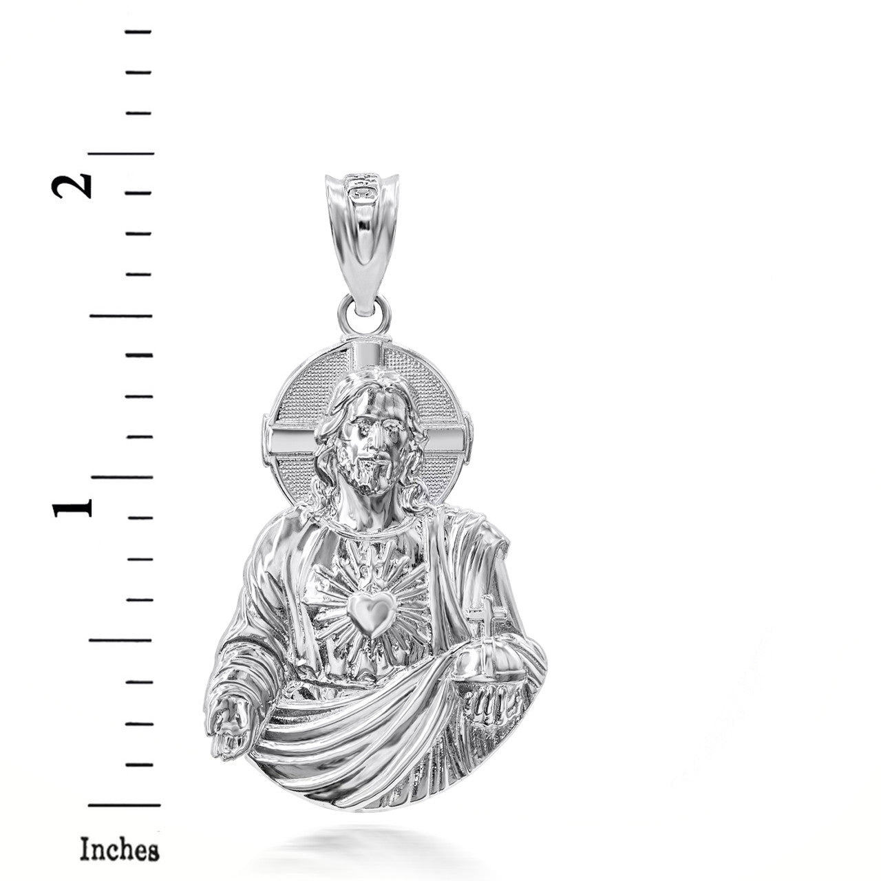 925 Sterling Silver 3D Jesus Christ Sacred Heart Big Pendant Necklace