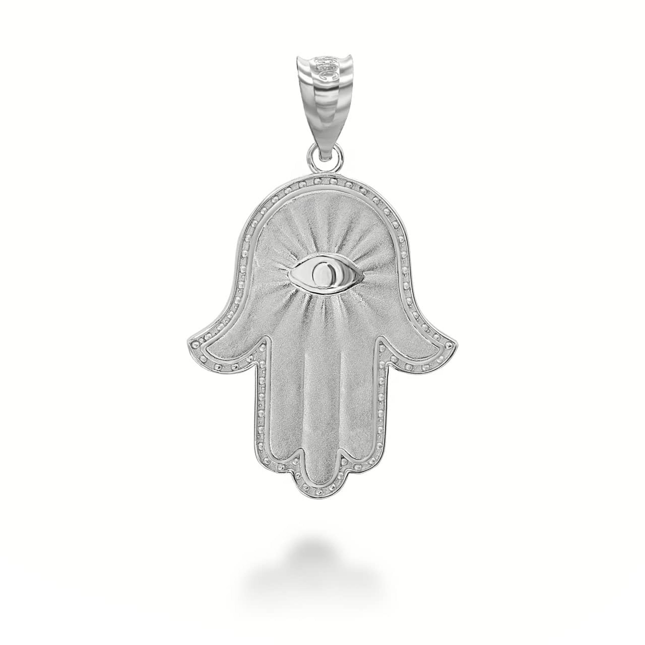 .925 Sterling Silver Hamsa Hand Evil Eye Satin Finish Pendant Necklace