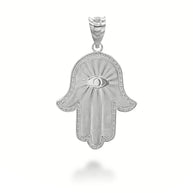 .925 Sterling Silver Hamsa Hand Evil Eye Satin Finish Pendant Necklace