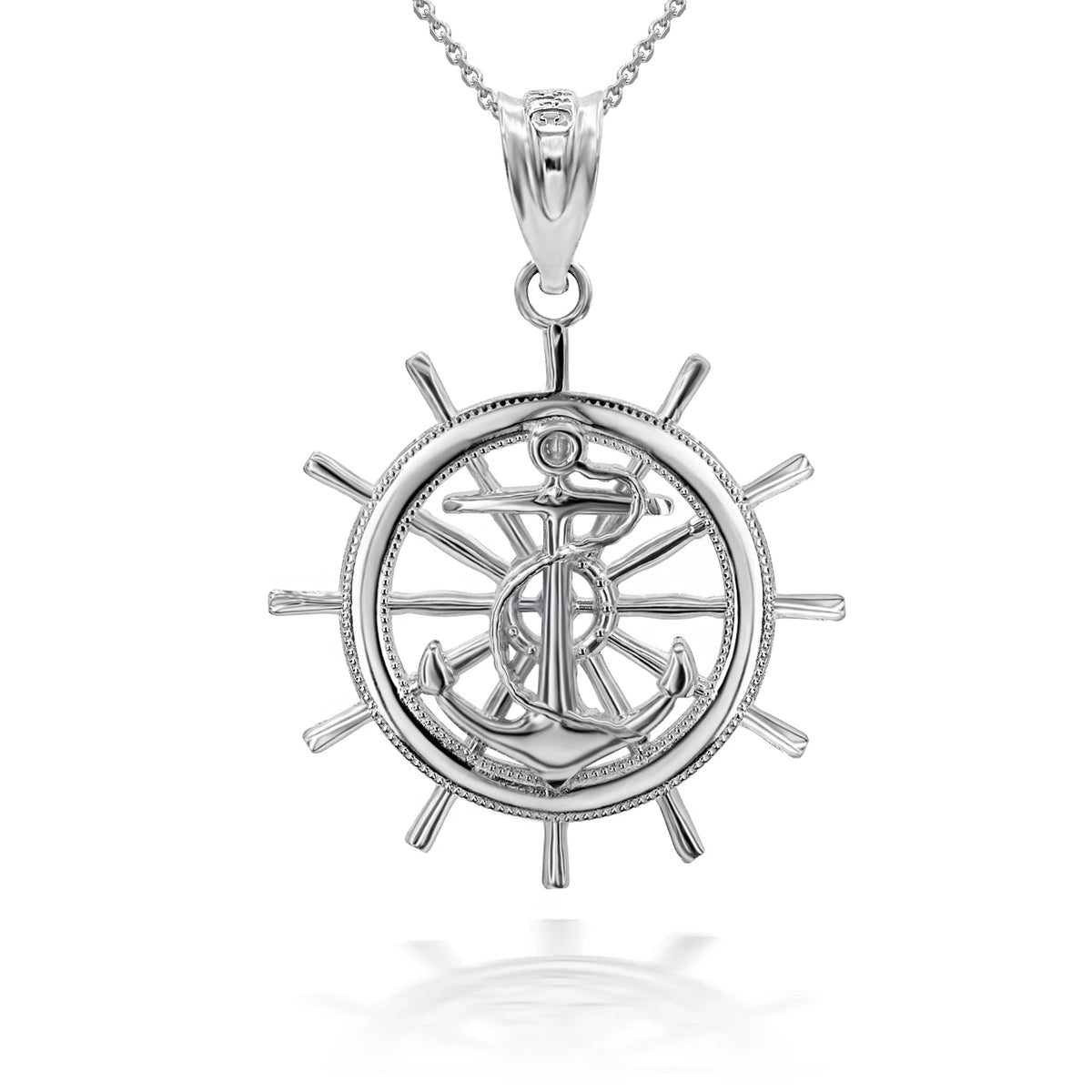 Sterling Silver Ship Wheel Helm Anchor Roped 3D Charm Necklace
