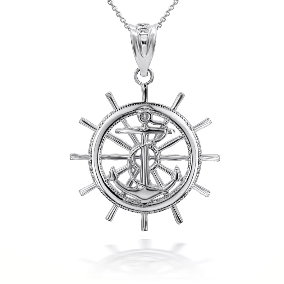 Sterling Silver Ship Wheel Helm Anchor Roped 3D Charm Necklace