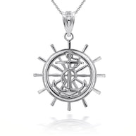 Sterling Silver Ship Wheel Helm Anchor Roped 3D Charm Necklace