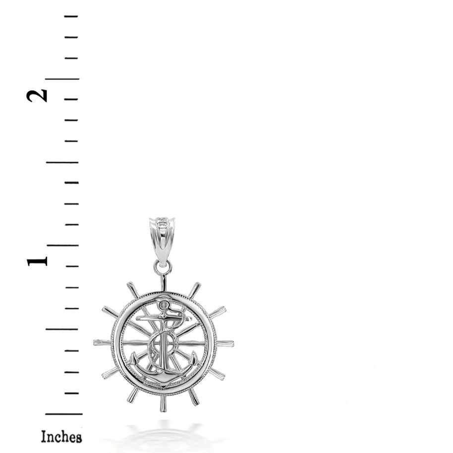 Sterling Silver Ship Wheel Helm Anchor Roped 3D Charm Necklace