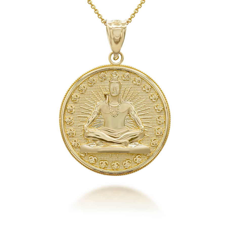 Gold Hindu Lord Shiva Milgrain Coin Pendant Necklace (Available in Yellow/Rose/White Gold)